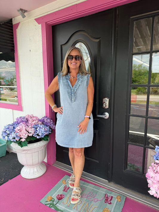 Denim Sleeveless Ruffle Dress