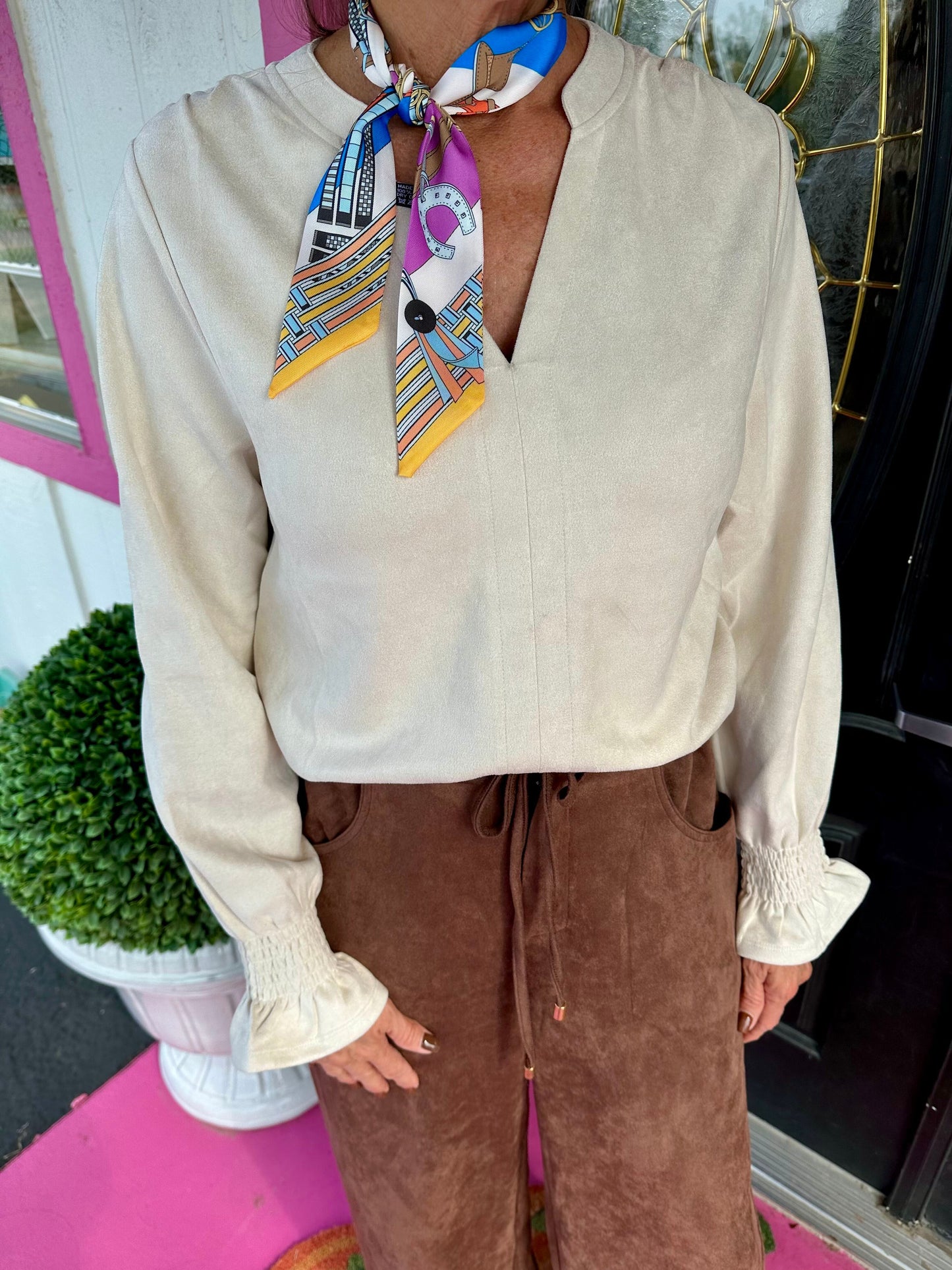 Cream LS Suede V-Neck Top