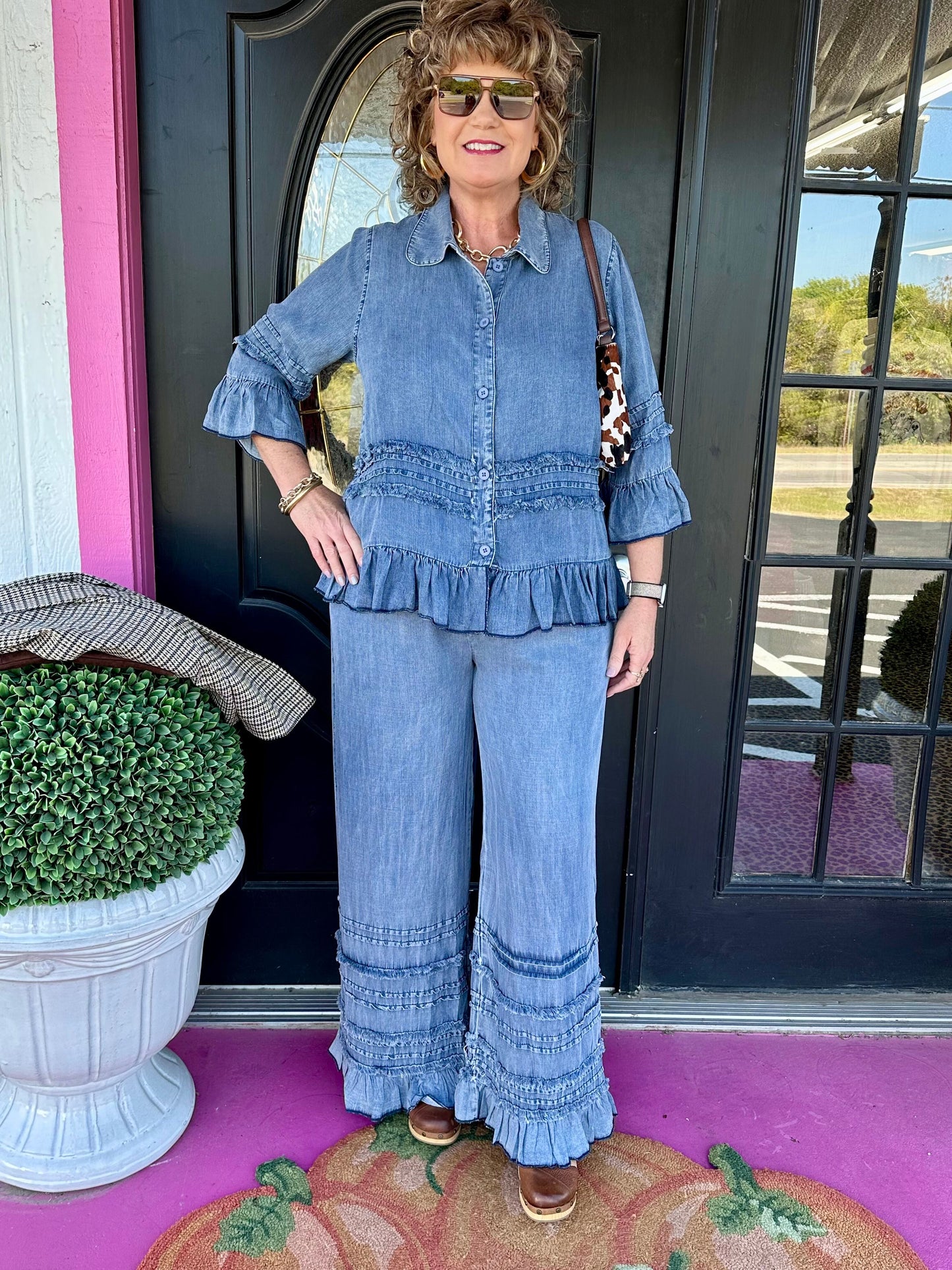 Chambray Ruffle Palazzo Pant Set