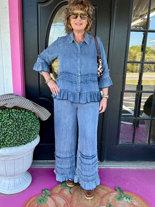 Chambray Ruffle Palazzo Pant Set