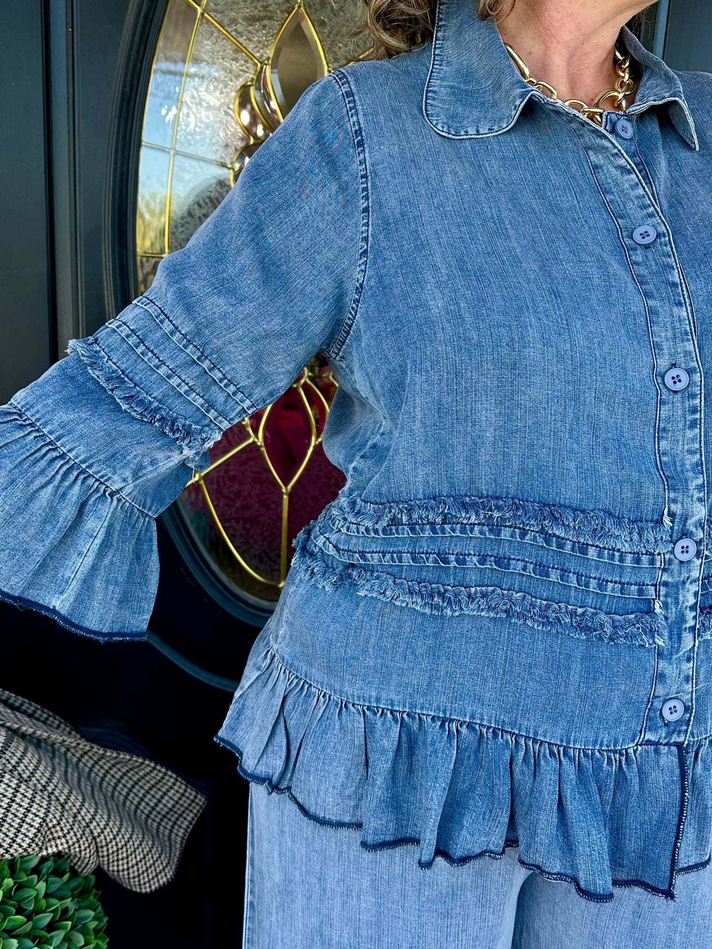 Chambray Ruffle Palazzo Pant Set