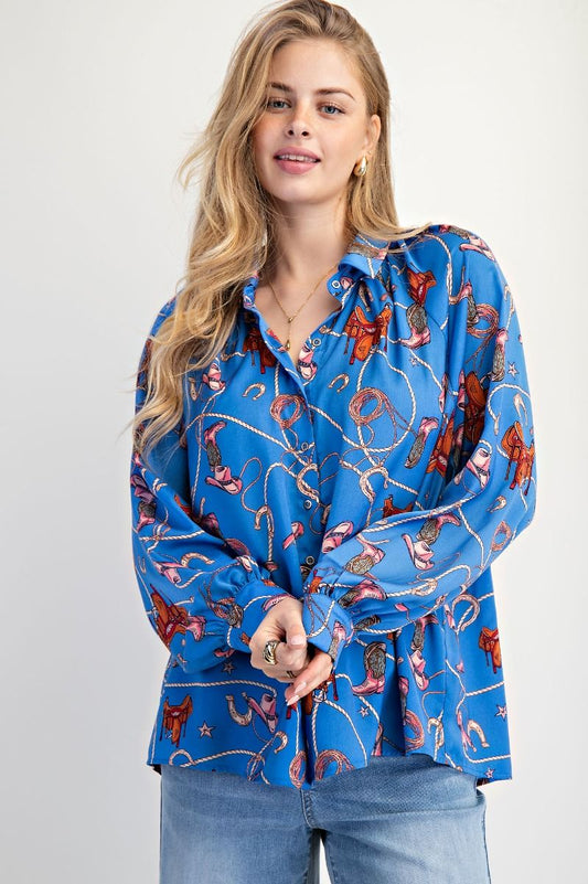 Pearl Blue LS Western Print Top