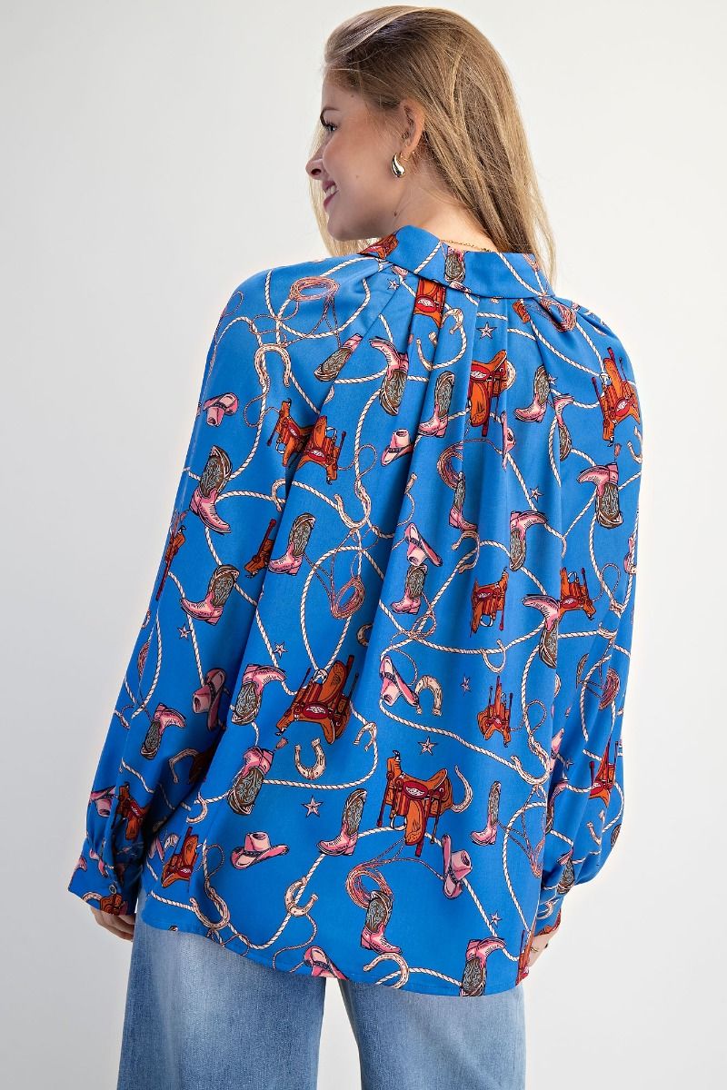 Pearl Blue LS Western Print Top