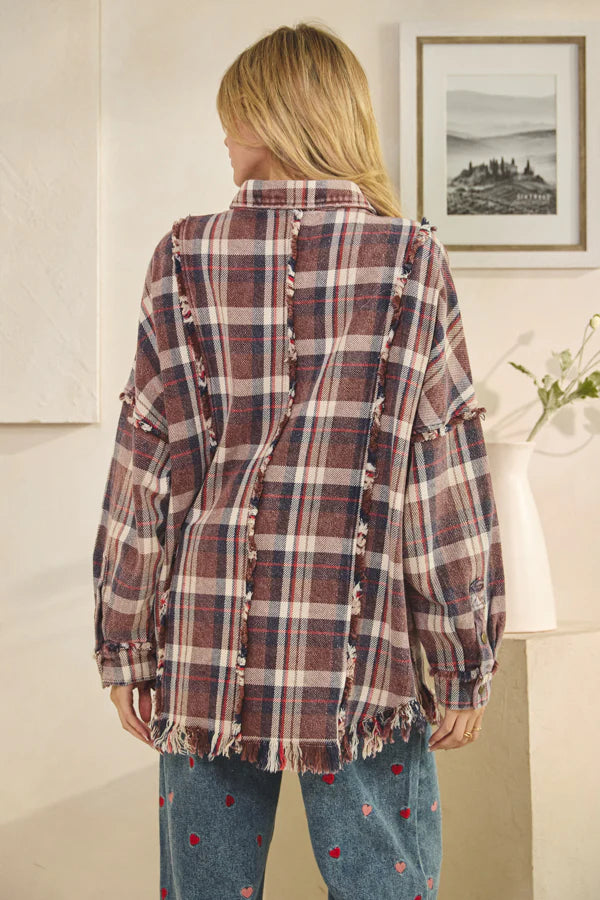 Washed Navy Plaid Snap Jacket