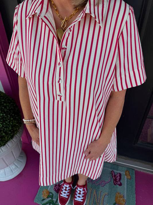 Red SS Striped Button Up Dress