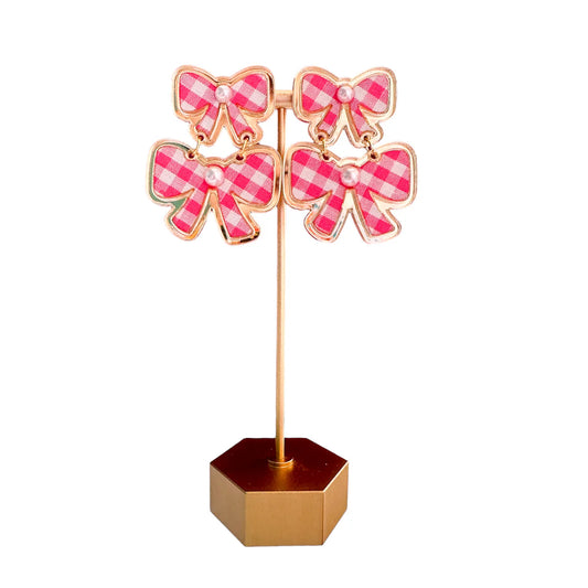 Pink Gingham Double Bow Earring
