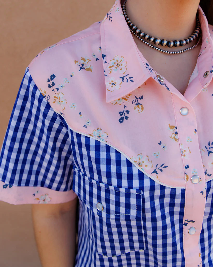 Pink Floral Blue Gingham Snap Top