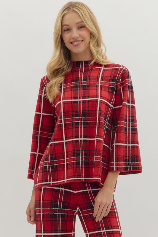 3/4" Sleeve Plaid Sweater