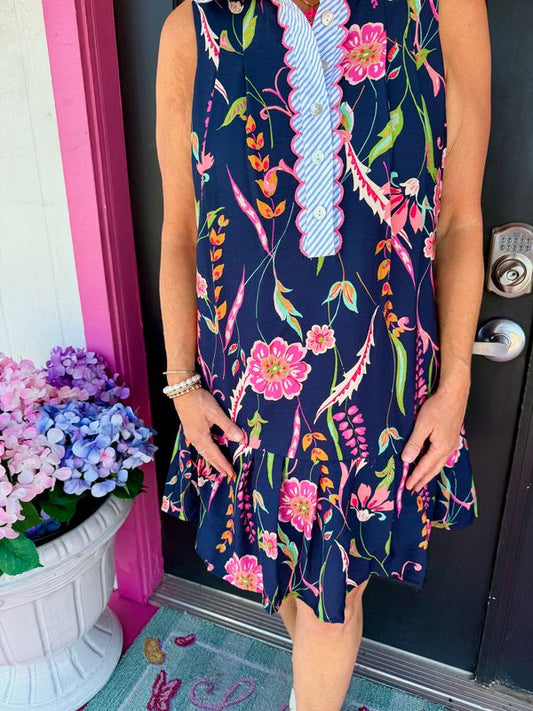 Navy Sleeveless Stripe Collar Dress