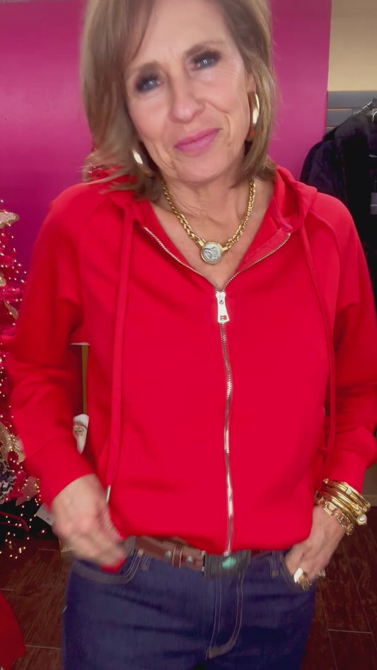 Red Zip Up Front Knit Top