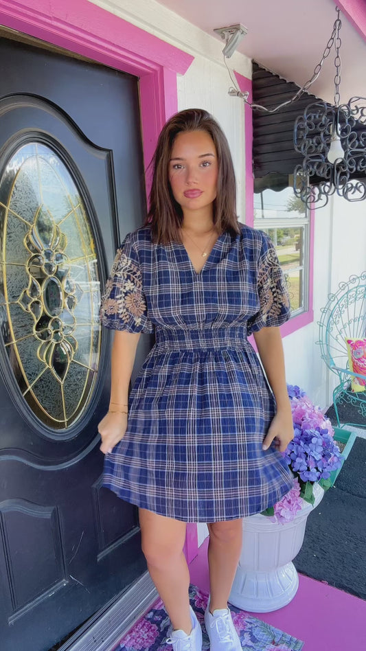 Navy Emb Puff Sleeve Plaid Dress