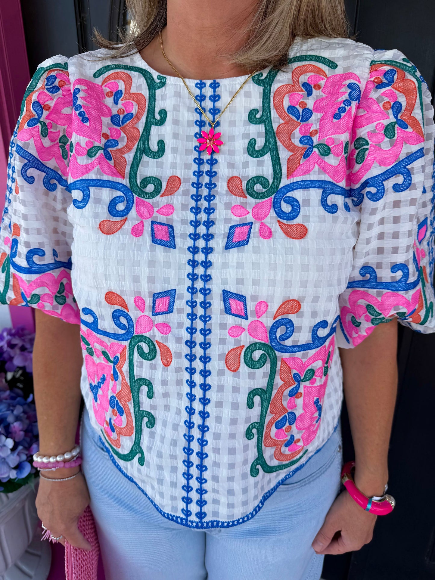 White Embroidery Textured Top