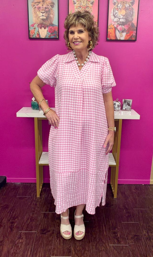 Pink Gingham Midi Dress
