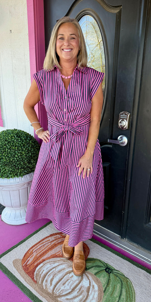 Pink/Blue Stripe Tie Waist Dress