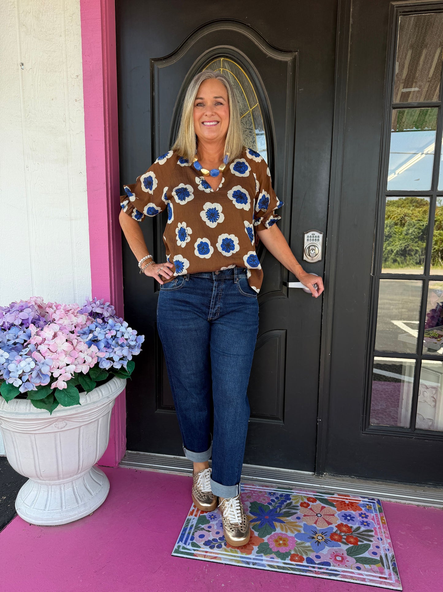 Brown Floral Mesh Slv Top
