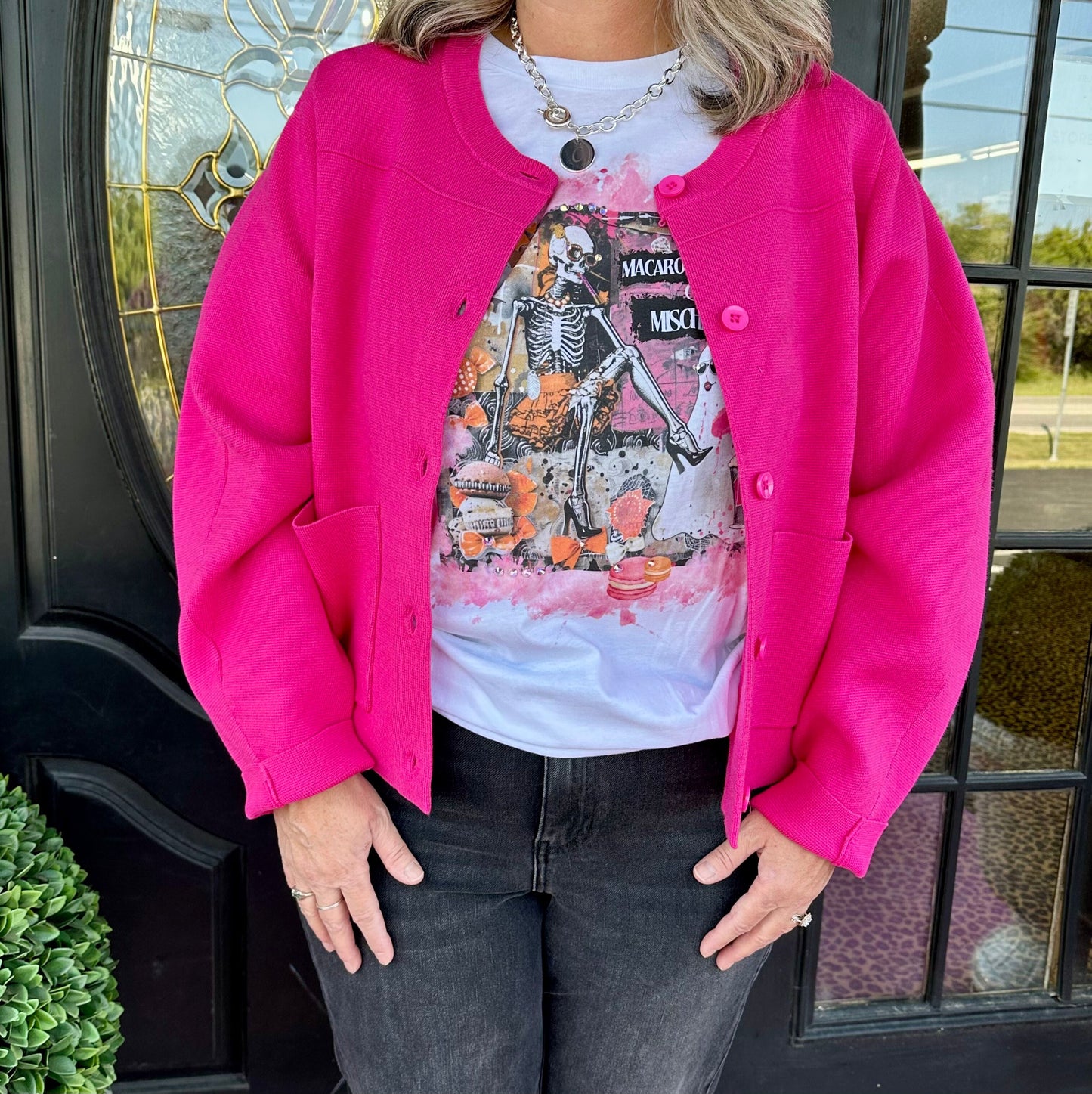 Hot Pink LS Cropped Cardigan