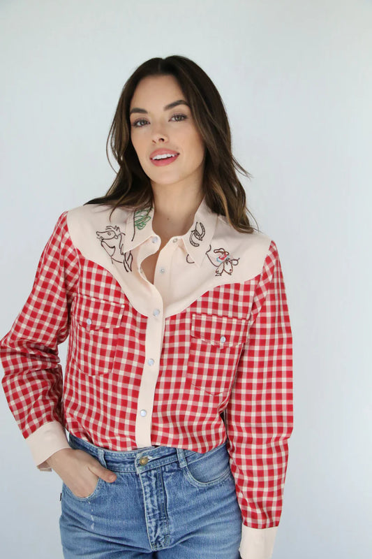 Red Gingham Emb Cowboy Top