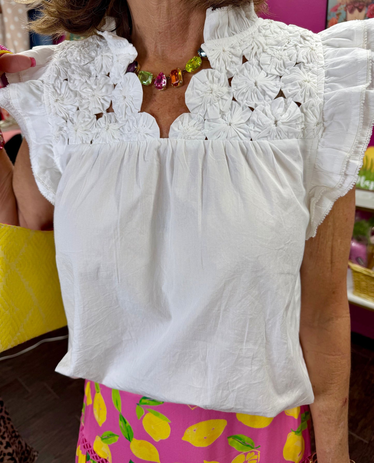 White Flutter Embellished Yoke Top