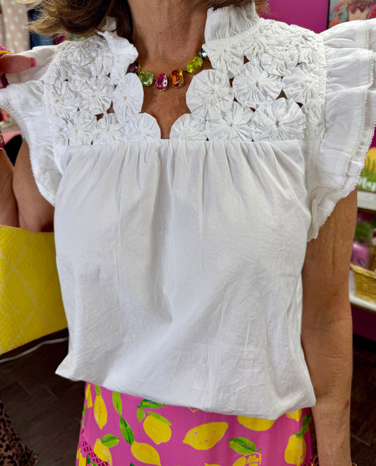 White Flutter Embellished Yoke Top