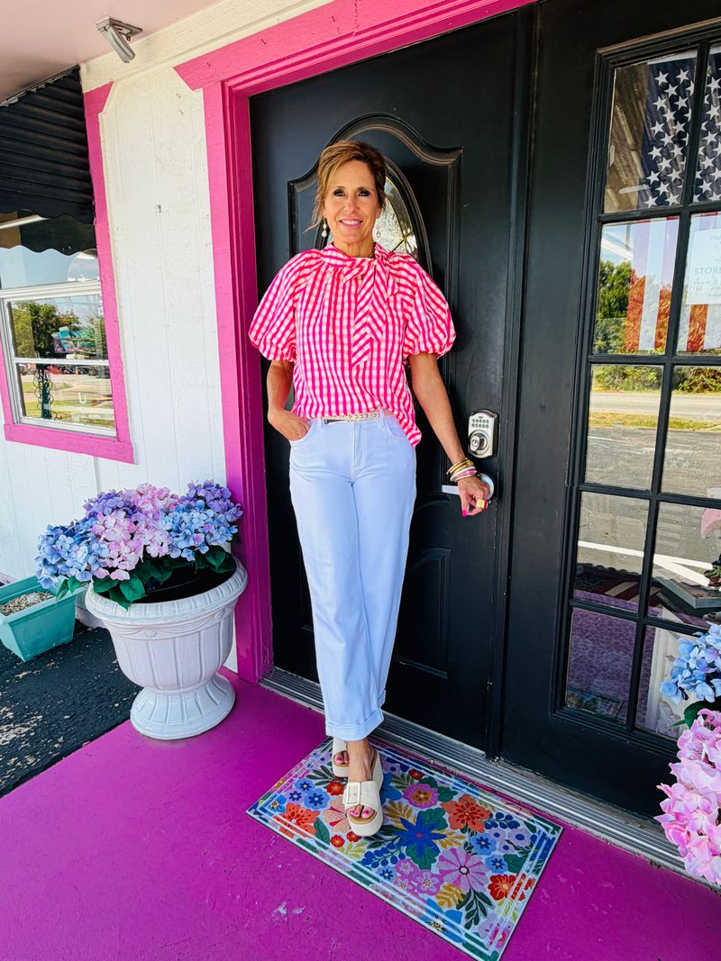 Pink Gingham Puff Slv Top