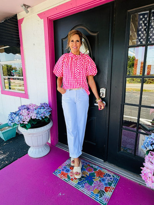 Pink Gingham Puff Slv Top