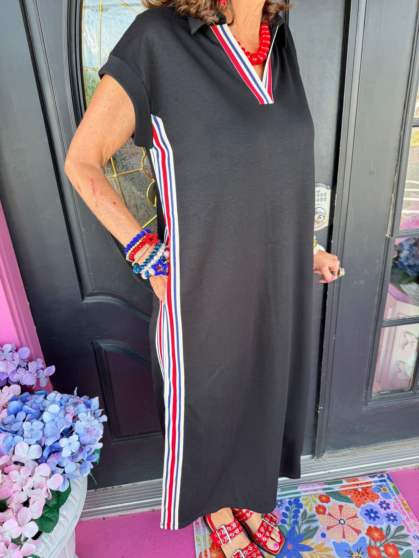 Black Scuba Dress W/RWB Trim