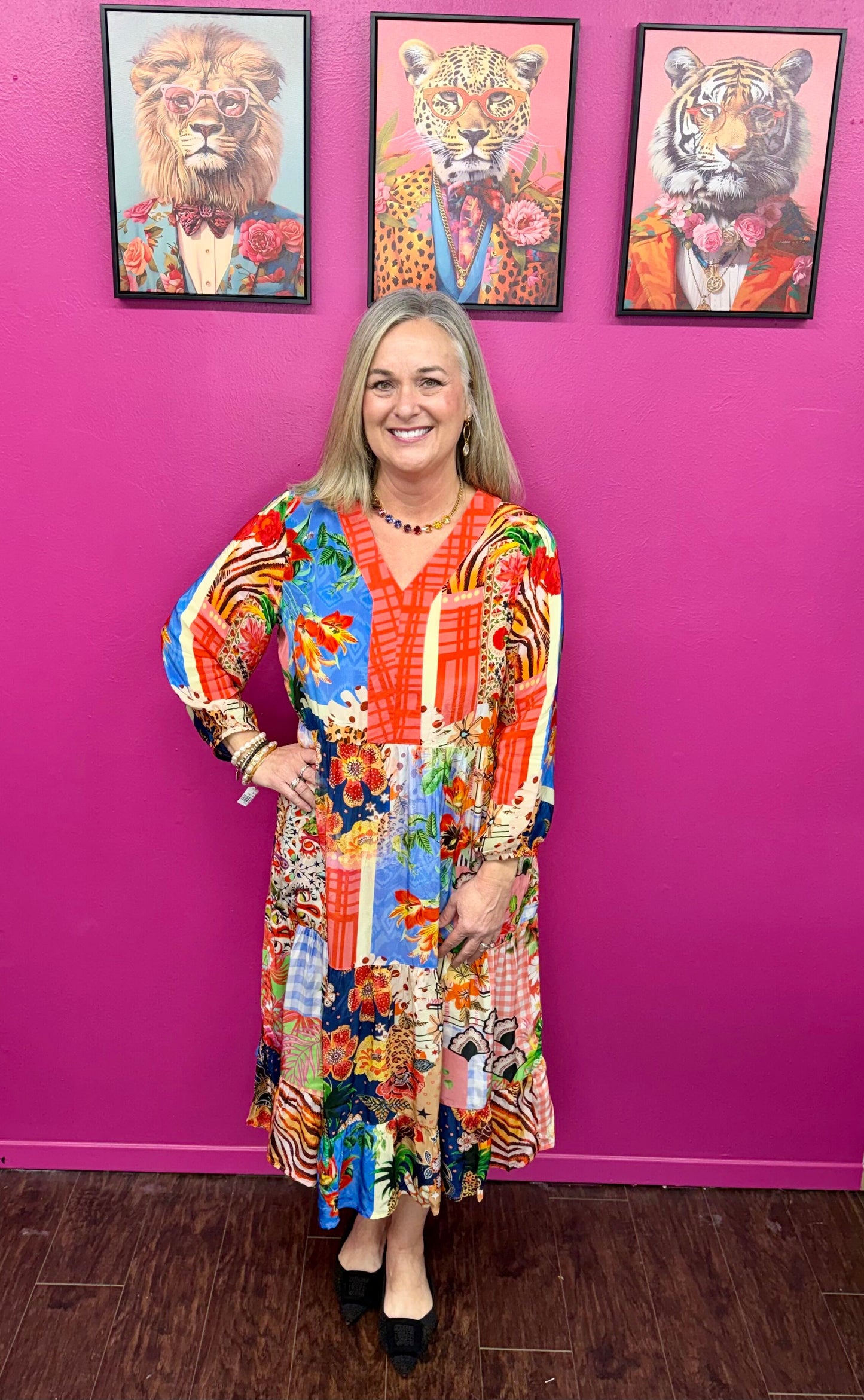 Multi 3/4 Sleeve V-Neck Midi Dress