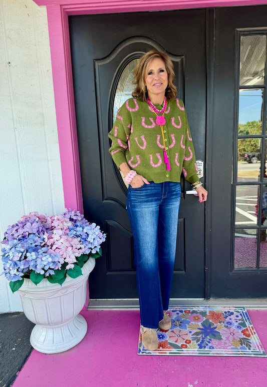 Olive Cardi W/Pink Horseshoes