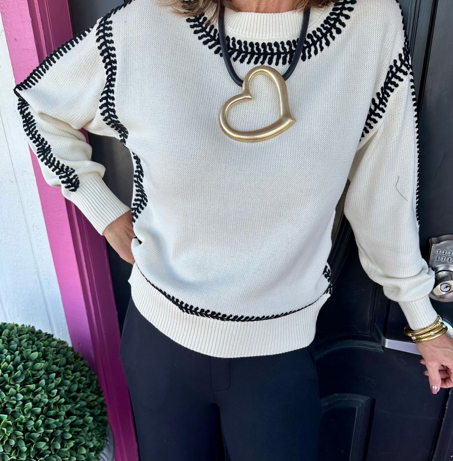Zana Cream Black Emb LS Sweater