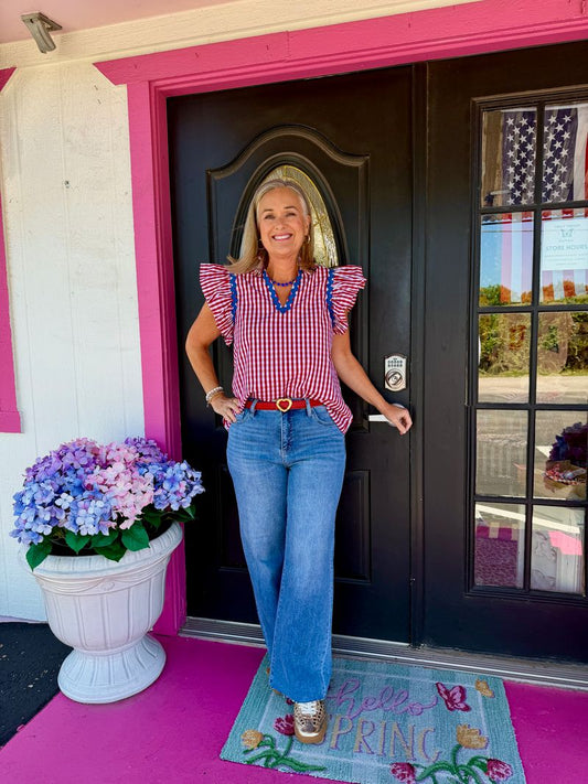 Red Gingham Flutter Slv Top