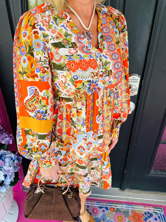 Orange Patch Print Button up