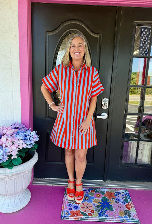 Blue/Orange Striped SS Dress