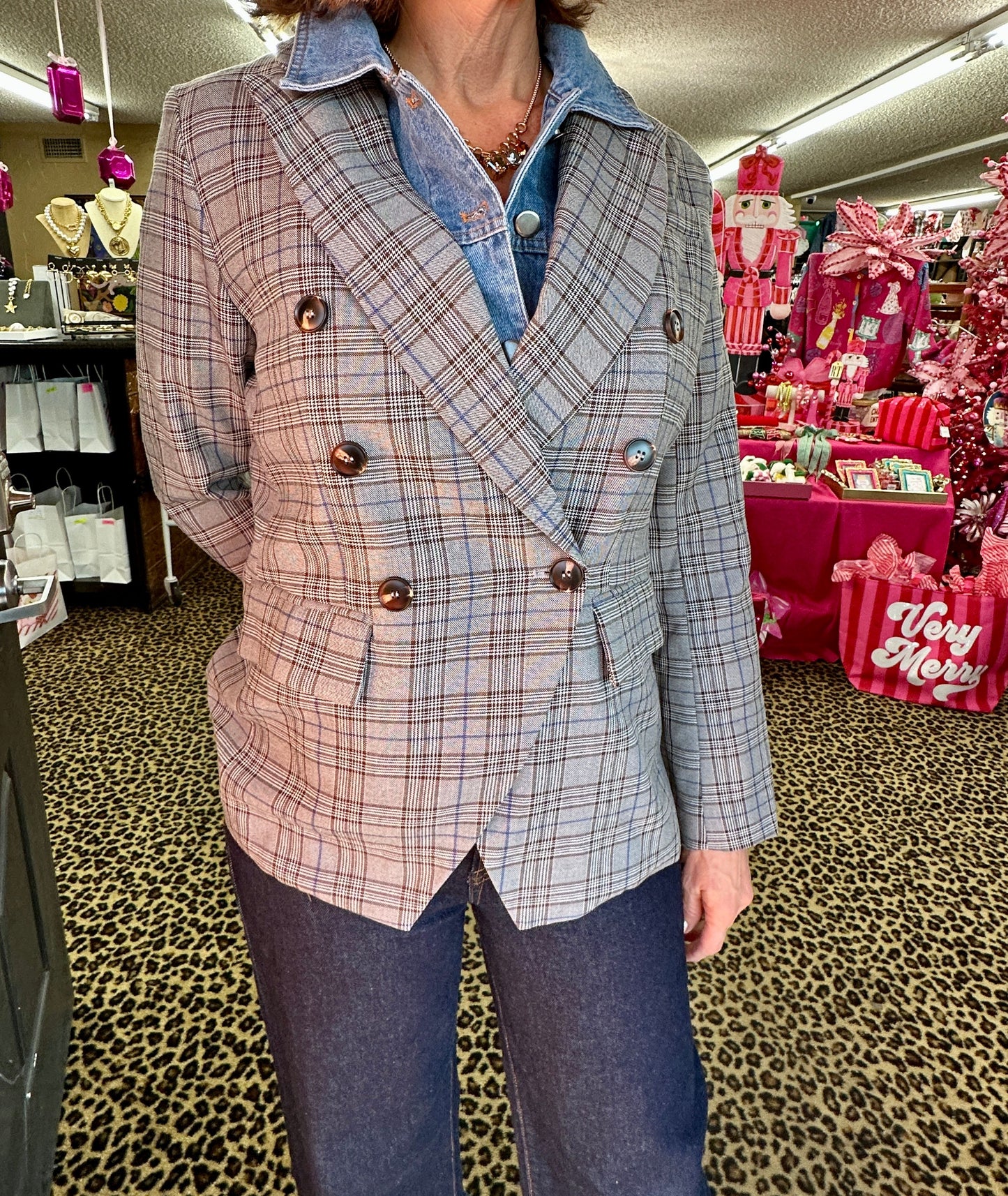 Denim Shirt Insert Plaid Blazer