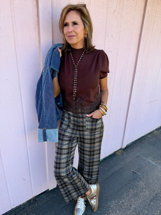 Brown Sweater Vest W/Lace Trim