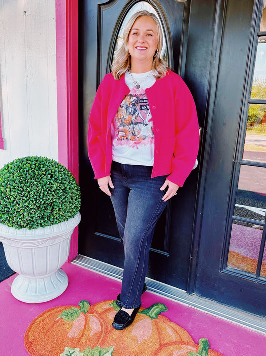 Hot Pink LS Cropped Cardigan