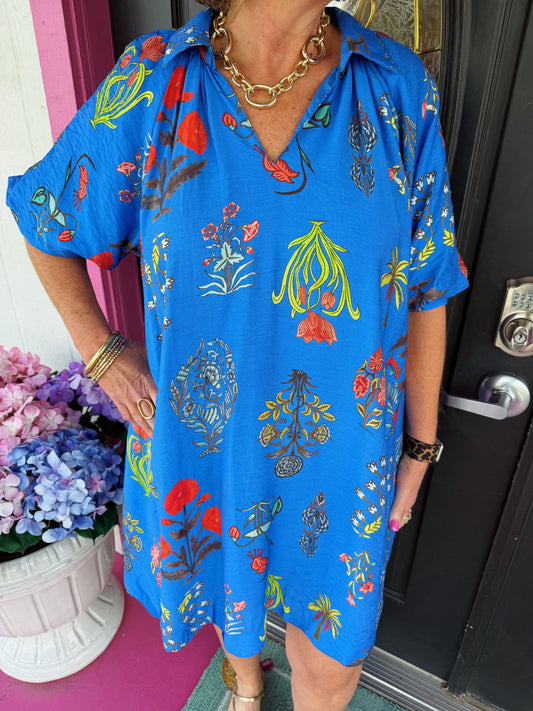 Blue Floral Short Puff Slv Dress