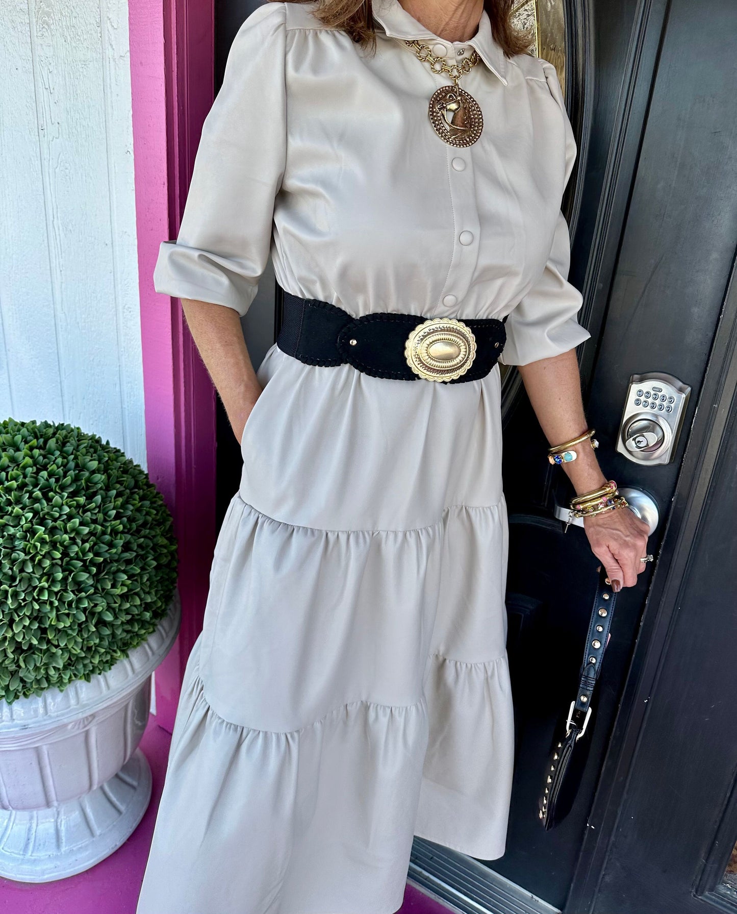 Cream Faux Leather Tier Midi Dress