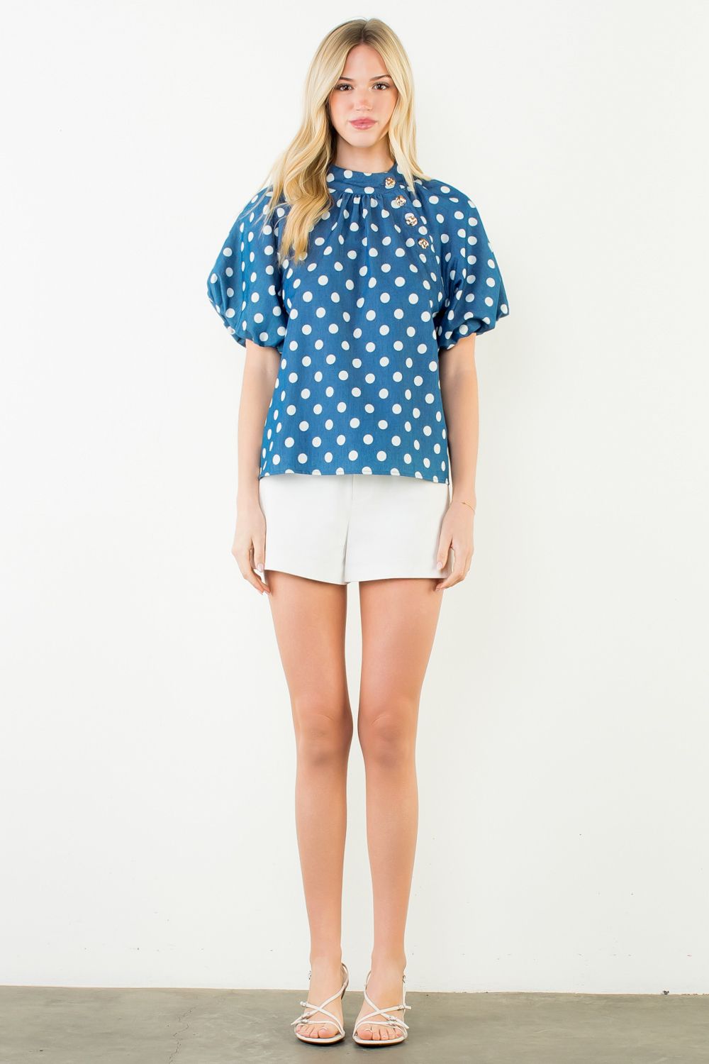 Blue Puff Sleeve Polka Dot Top