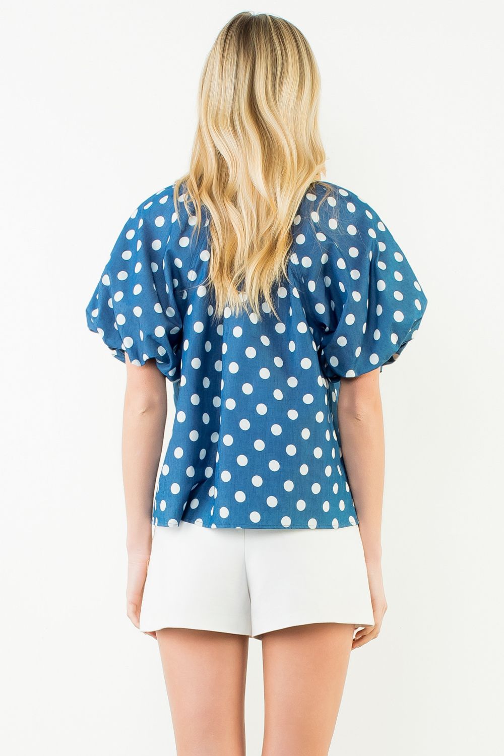 Blue Puff Sleeve Polka Dot Top
