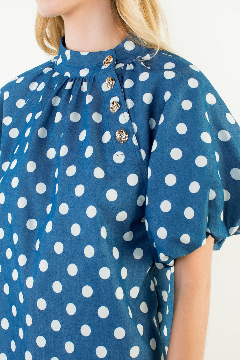 Blue Puff Sleeve Polka Dot Top