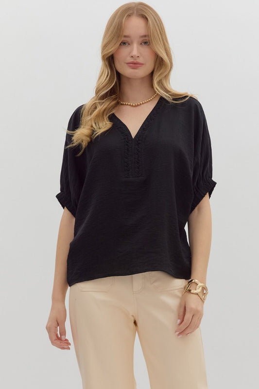 Black Braided V-Neck Collar Top