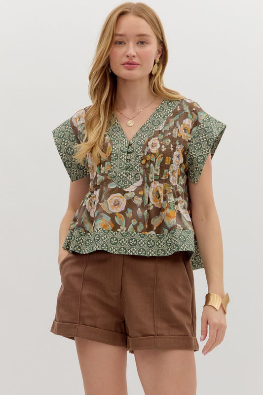 Brown Green Trim Pleated Top