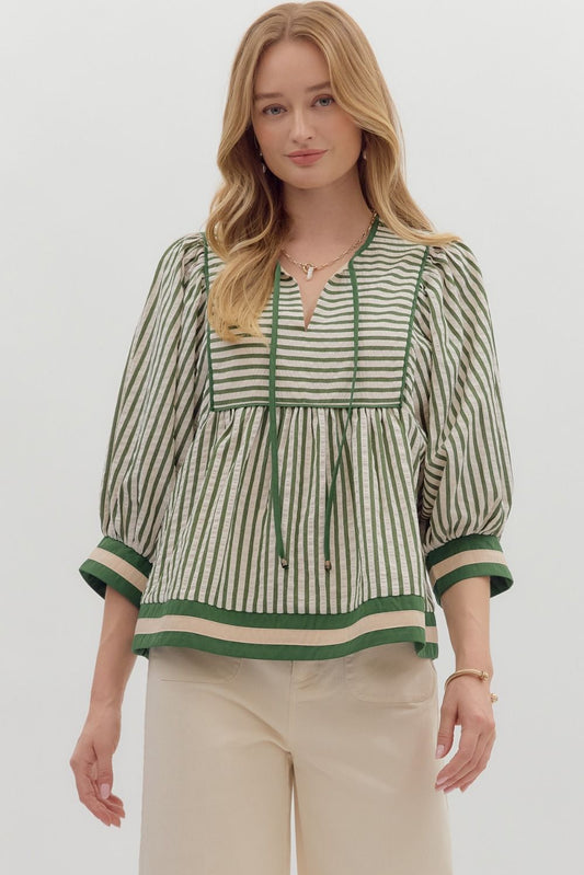Green Stripe Tie 3/4" Sleeve Top