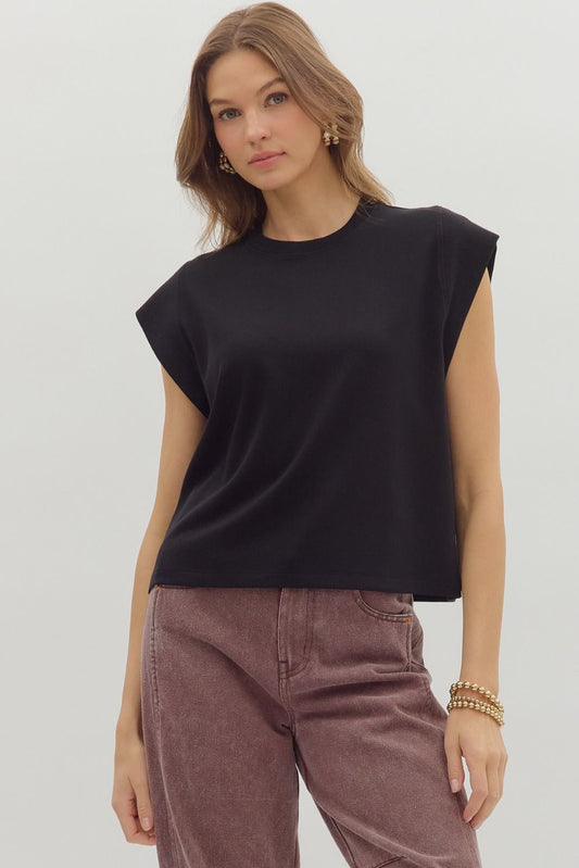 Black Knit Cap Sleeve Top