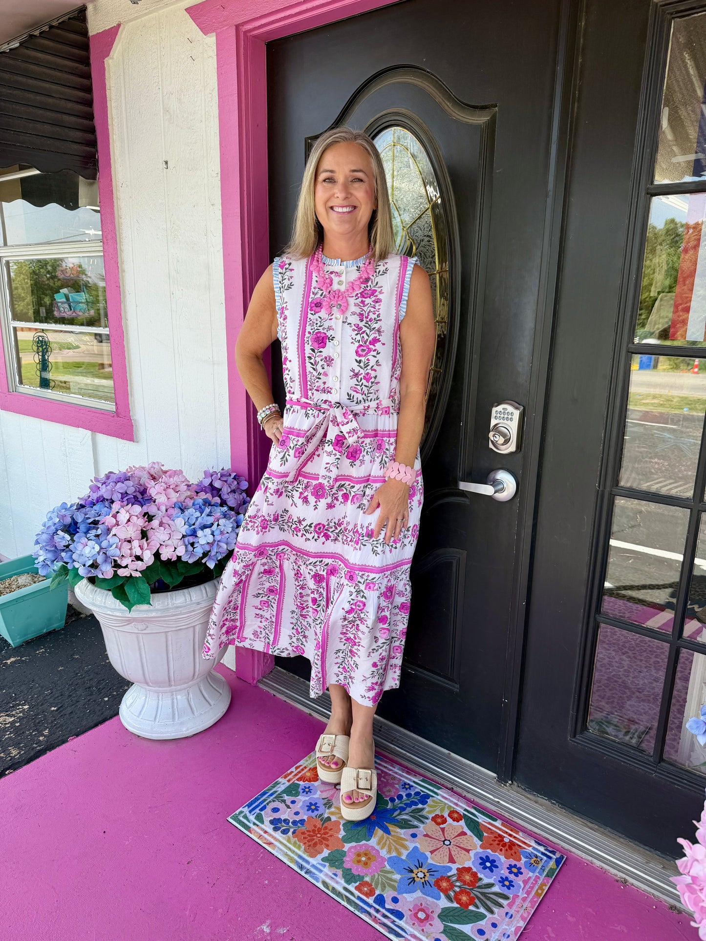 Pink Floral Sleeveless Midi Dress