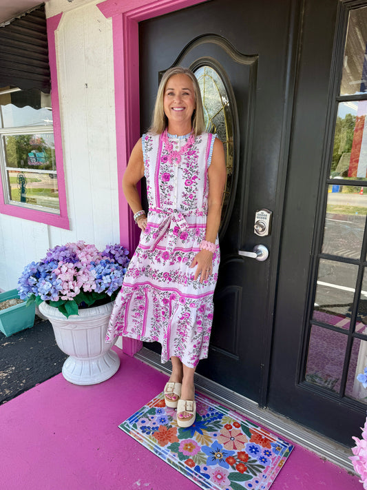 Pink Floral Sleeveless Midi Dress