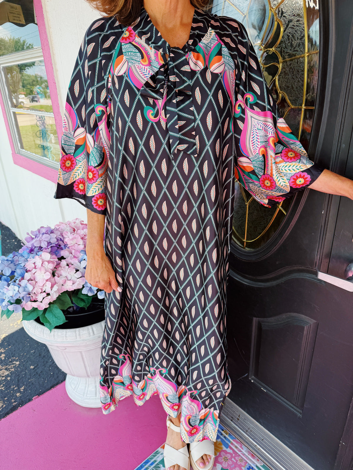 Black Printed Tie Neck Maxi