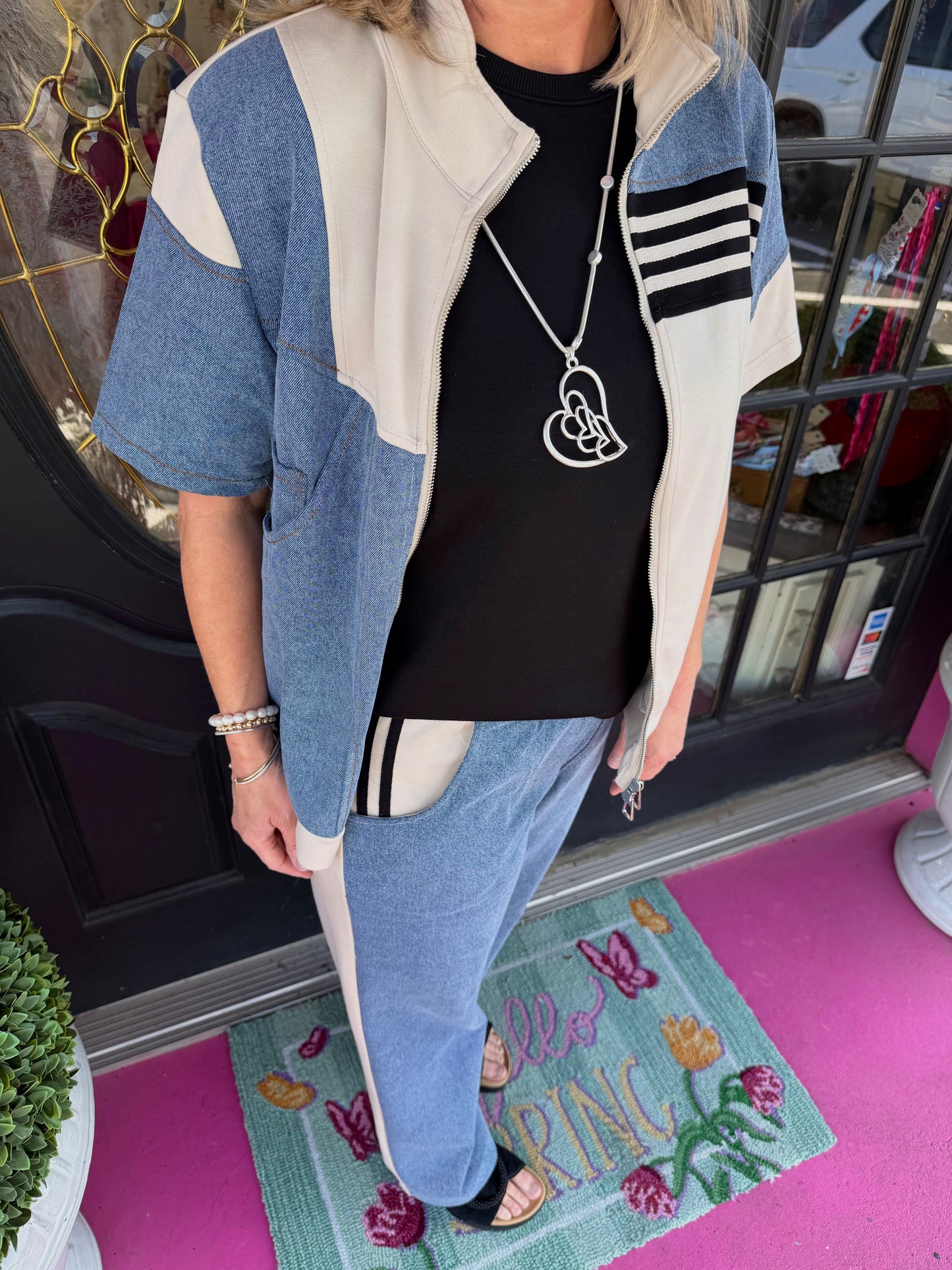 Beige Denim Contrast Pant Set