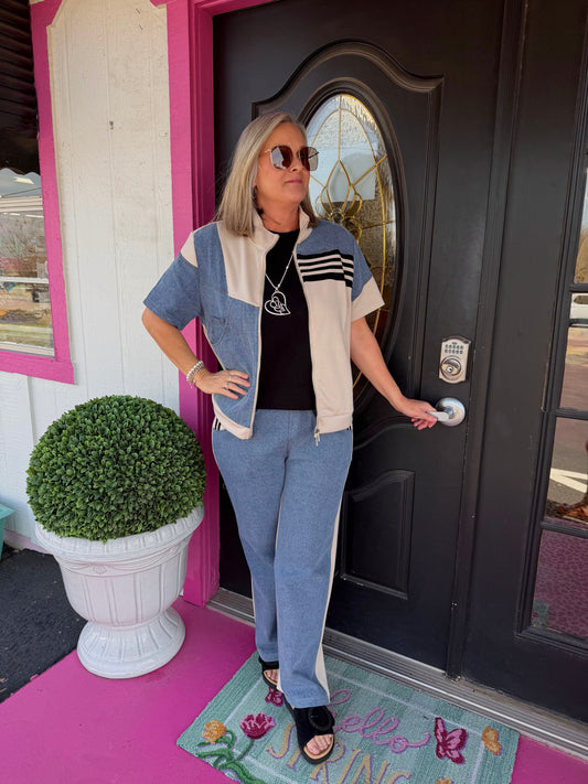 Beige Denim Contrast Pant Set