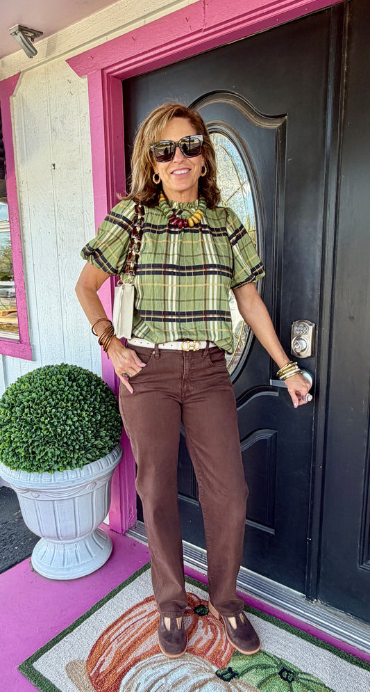Green Plaid Ruffled Neck Top